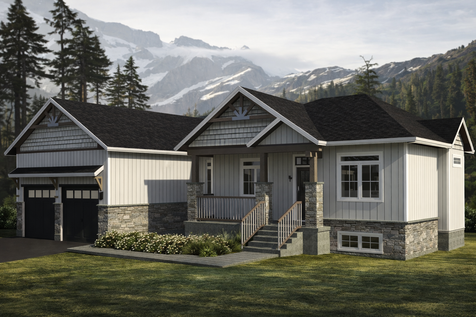 Modern farmhouse bungalow with white board-and-batten siding, stone accents, covered porch, and double garage on a landscaped lot