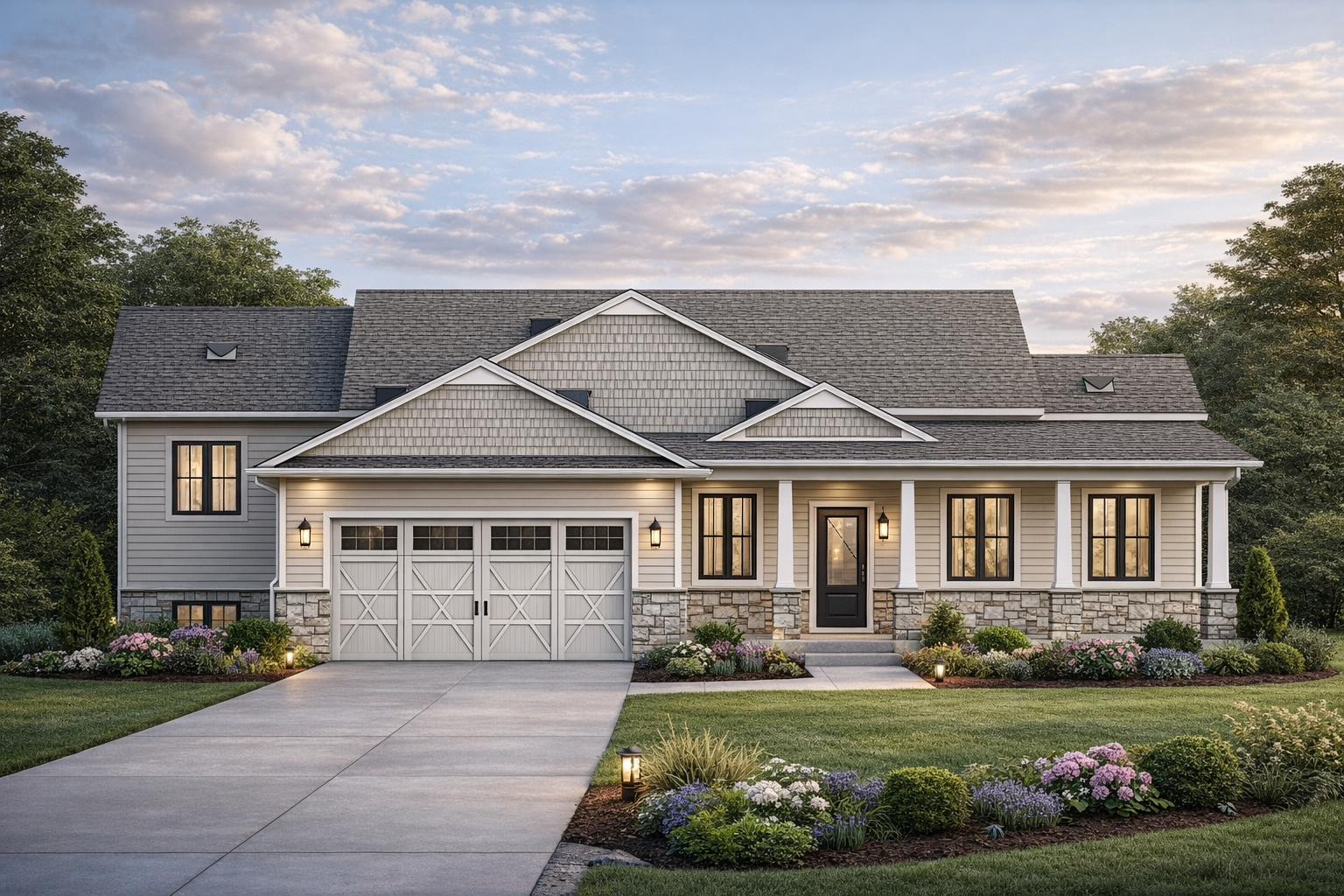 Modern country bungalow with board-and-batten siding, stone accents, symmetrical front elevation, and double garage