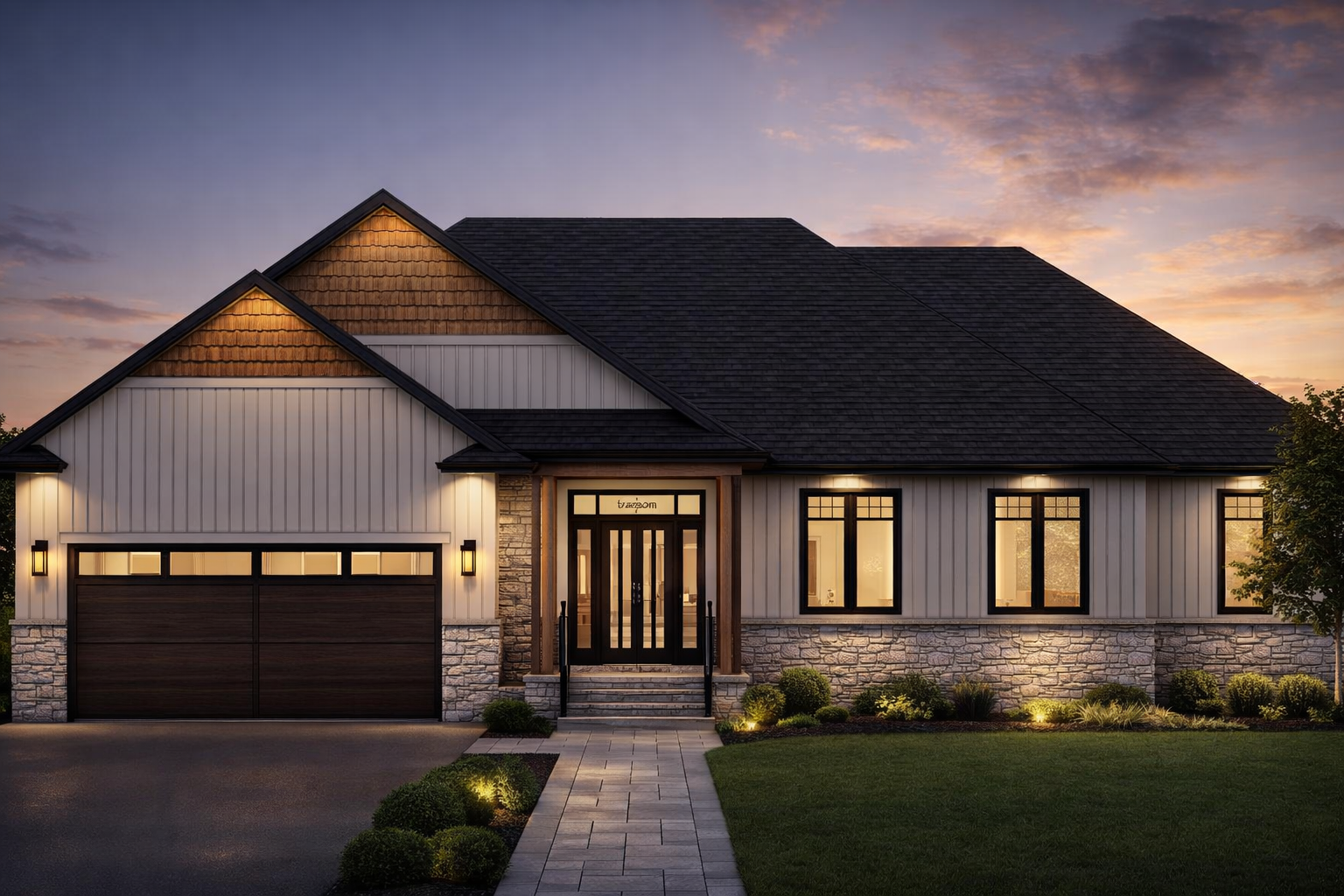Modern mountain-inspired bungalow with board-and-batten siding, stone veneer base, dark shingled roof, and a covered front entry with warm exterior lighting at dusk.