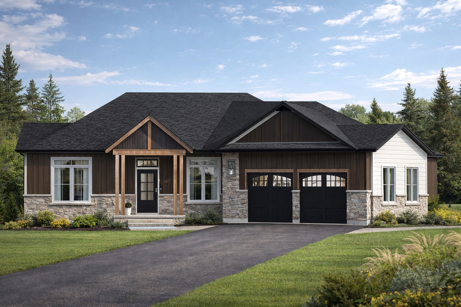 Modern country bungalow with stone and board-and-batten exterior, covered front porch, and double garage on a landscaped rural lot
