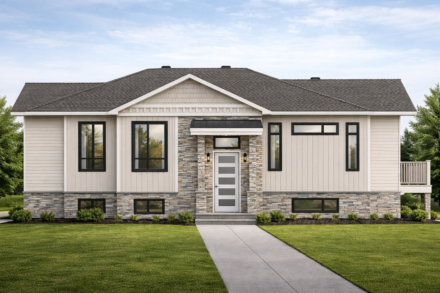Front elevation of a modern raised bungalow with light vertical siding, stone veneer base, black-framed windows, and a centered front entrance with a covered porch.