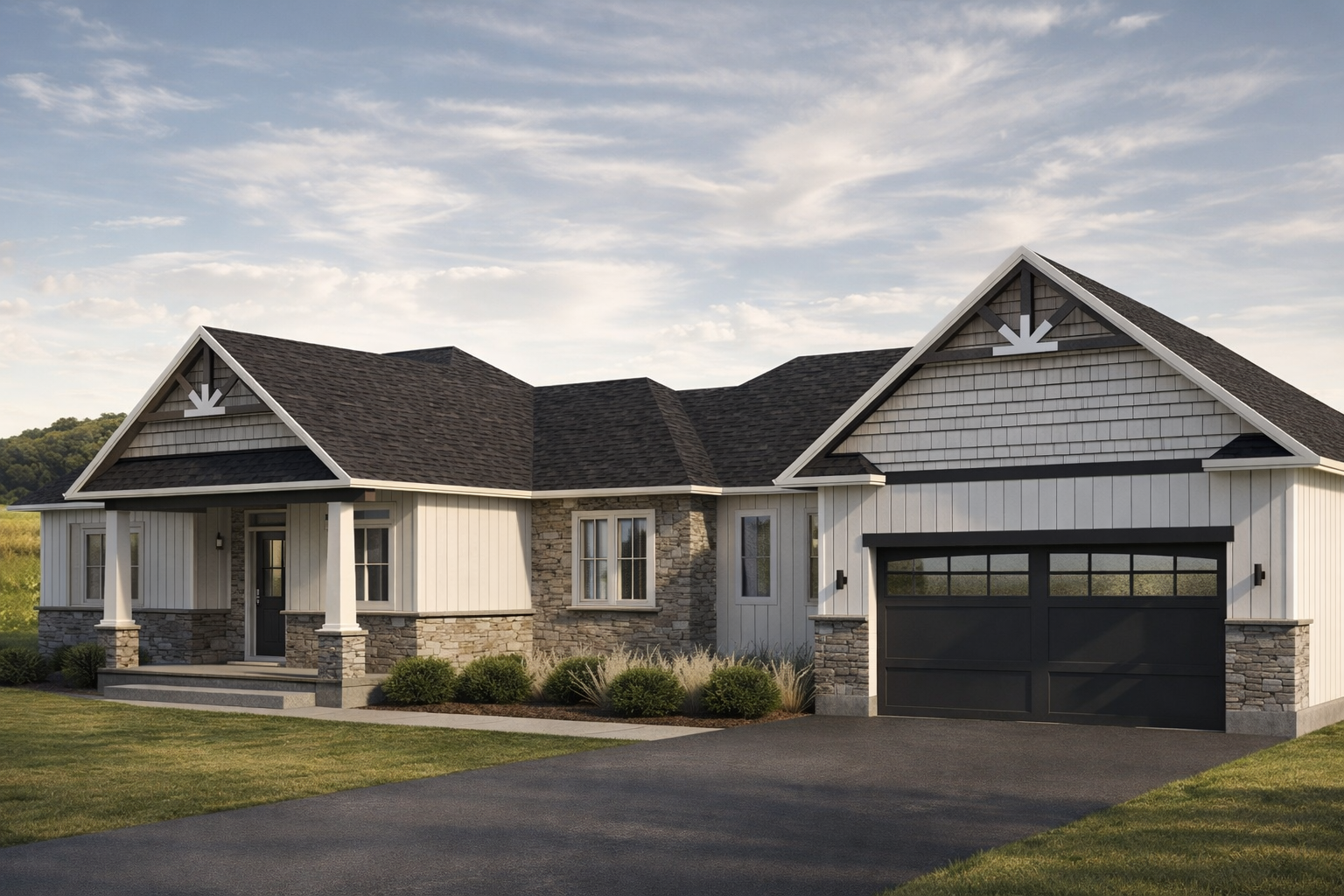 Modern farmhouse bungalow with board-and-batten siding, stone accents, covered front porch, and double garage on a landscaped rural lot